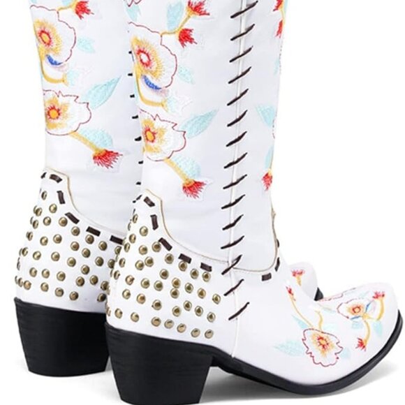 NEW Women' Embroidered Chunky Heel Cowboy Cowgirl Boots Retro Knee High Sz 37EU - Picture 6 of 7